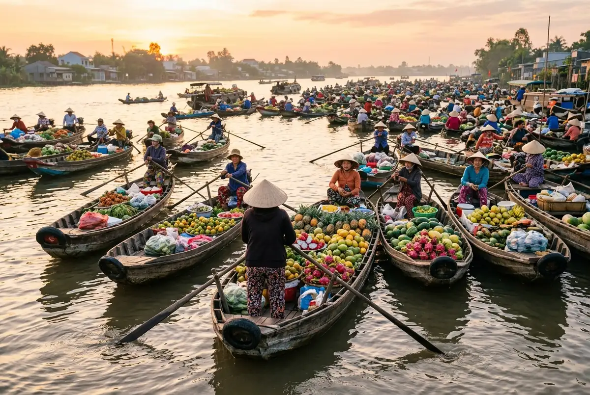 Traders selling fruit and produce from small wooden boats at Cai Rang floating market at sunrise on a mekong delta tour 2 days 1 night