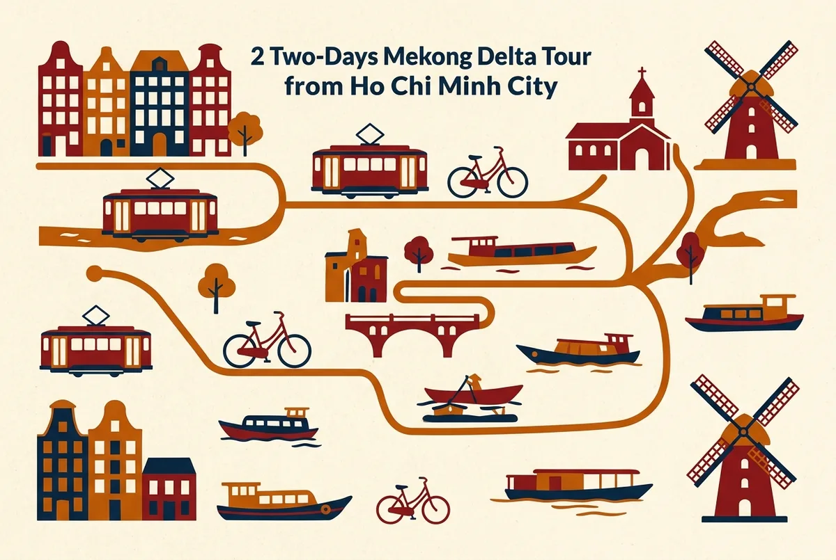 Simple two day itinerary infographic showing day one from Ho Chi Minh City to My Tho, Ben Tre and Can Tho, and day two at Cai Rang floating market, generic place labels only