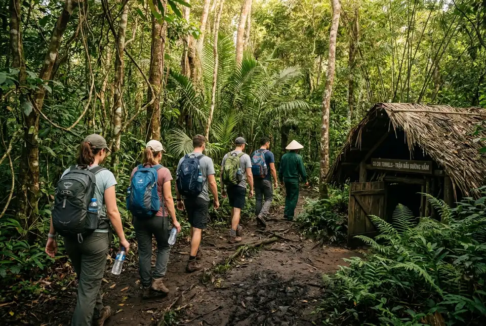 Petit groupe de voyageurs marchant sur un sentier forestier près d'une entrée des tunnels de Cu Chi le matin lors d'une excursion tunnels de Cu Chi et delta du Mékong