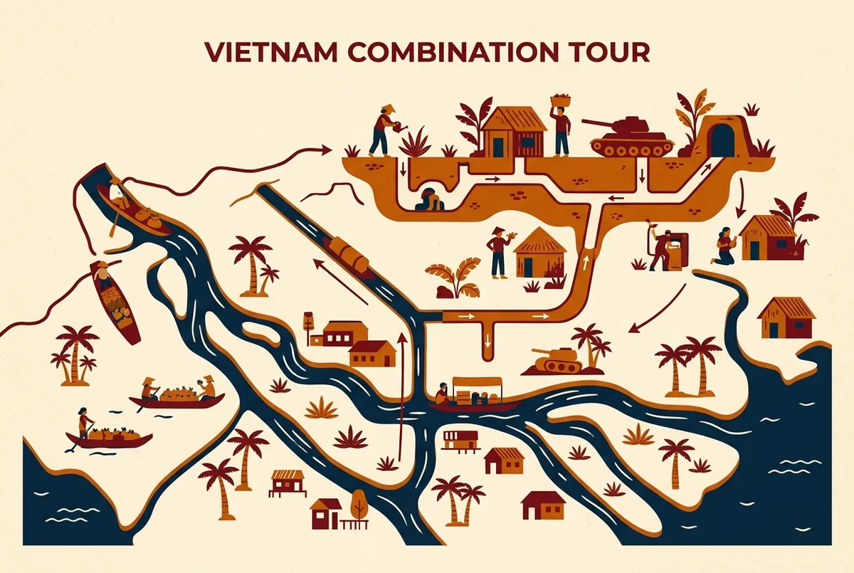 Infographie simple d'un programme de journée en deux temps montrant une icône matin aux tunnels de Cu Chi et une icône après midi sur une scène fluviale du delta du Mékong, reliées par une ligne passant par Hô-Chi-Minh-Ville, étiquettes génériques uniquement
