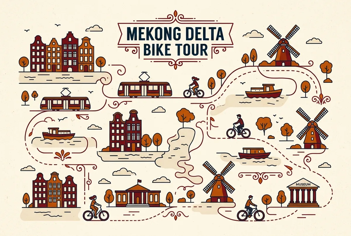 Simple infographic showing a bicycle icon on a raised path between orchard icons and a canal, connecting to a small boat icon, generic labels only, no text