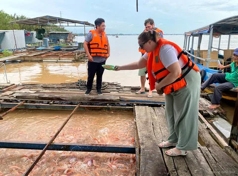 Motorboat cruise on the Mekong River near the floating fish farm